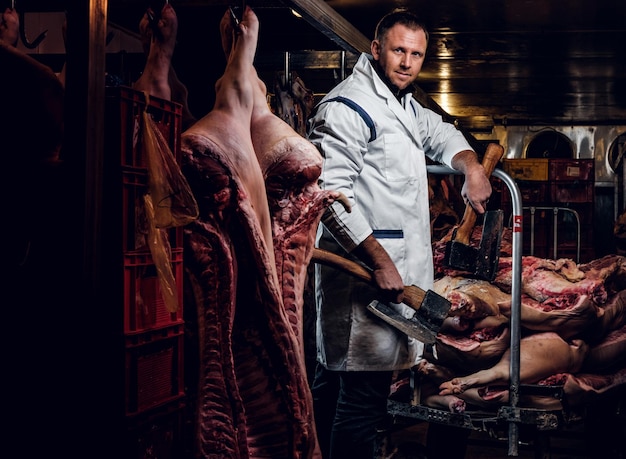 De slager in werkkleding poseren met twee assen in een gekoeld magazijn in het midden van vleeskarkassen