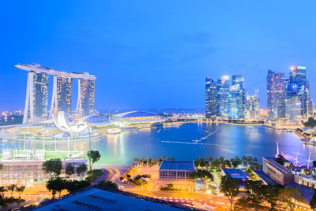 De stad van Singapore bij nacht