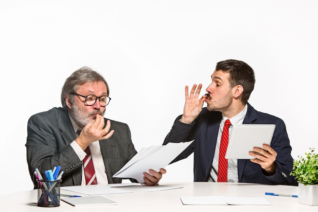 De twee collega's die op kantoor aan witte achtergrond samenwerken.