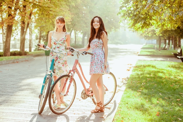 De twee jonge meisjes met fietsen in park