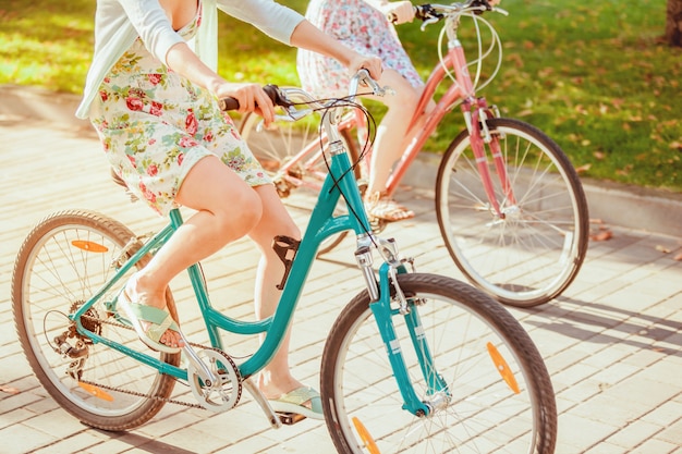 De twee jonge meisjes met fietsen in park