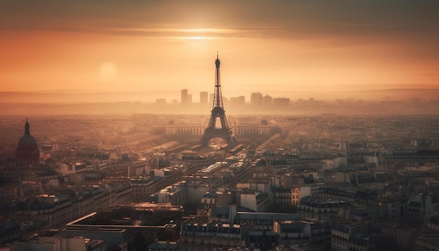 De zon gaat onder op de skyline van de stad, het stadsleven gedijt, gegenereerd door AI