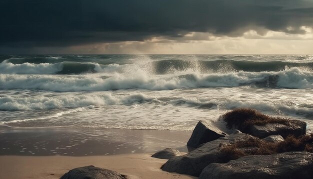 De zonsondergang boven de dramatische lucht van een rustig zeegezicht weerspiegelt de schoonheid gegenereerd door ai