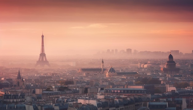 Gratis foto de zonsondergang verlicht de beroemde bezienswaardigheid van de majestueuze skyline van de stad, gegenereerd door ai