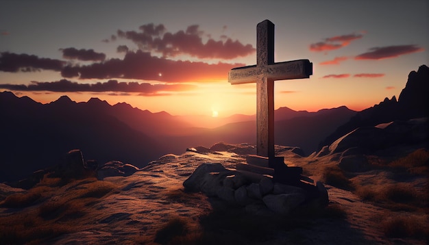 De zonsondergang weerspiegelt christelijke bergspiritualiteit in generatieve AI voor natuurschoonheid