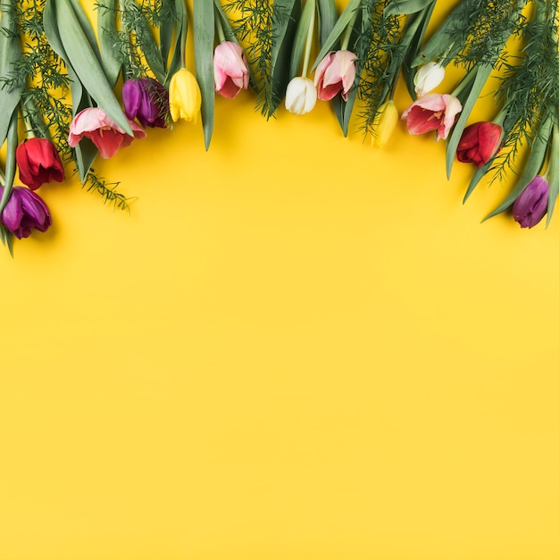Gratis foto decoratie van kleurrijke tulpen op gele achtergrond met ruimte voor het schrijven van de tekst