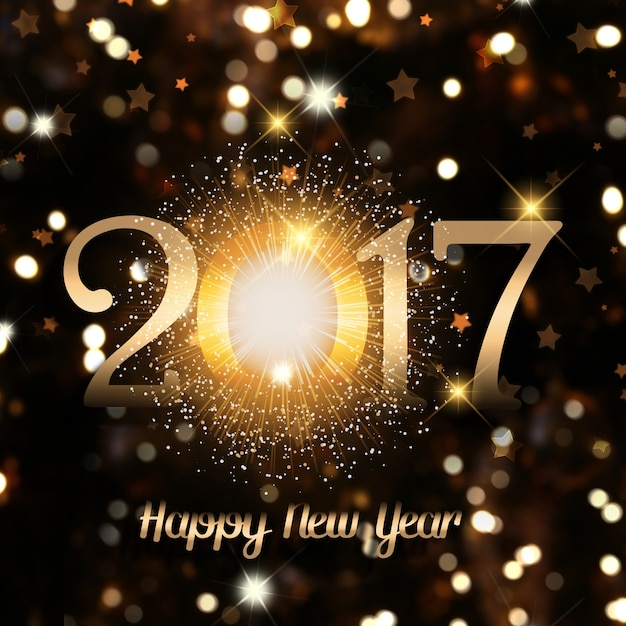 Decoratieve Gelukkig Nieuwjaar achtergrond van bokeh lichten en vuurwerk effect tekst