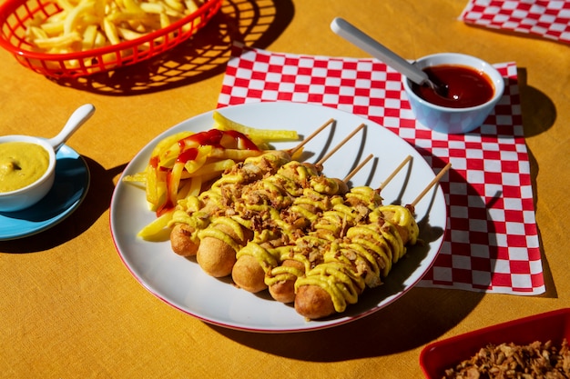 Delicious corn dogs arrangement hoge hoek