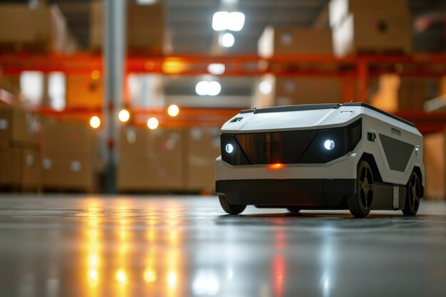 Delivery robot in een futuristische omgeving.