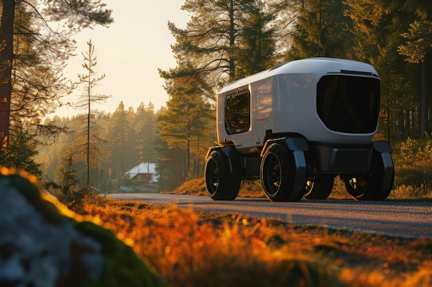 Delivery robot in een futuristische omgeving.