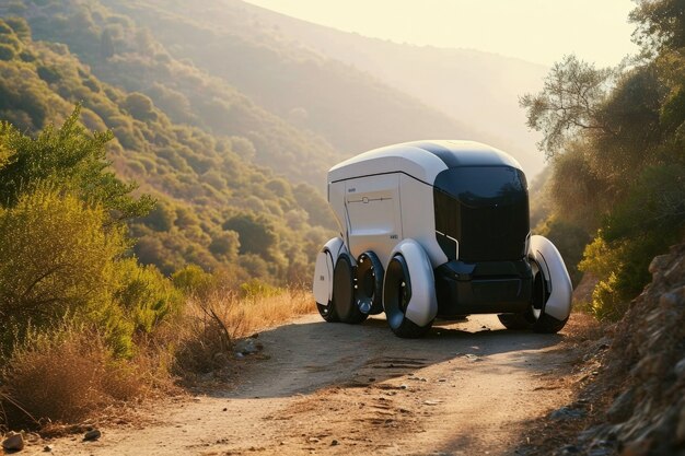 Delivery robot in een futuristische omgeving.