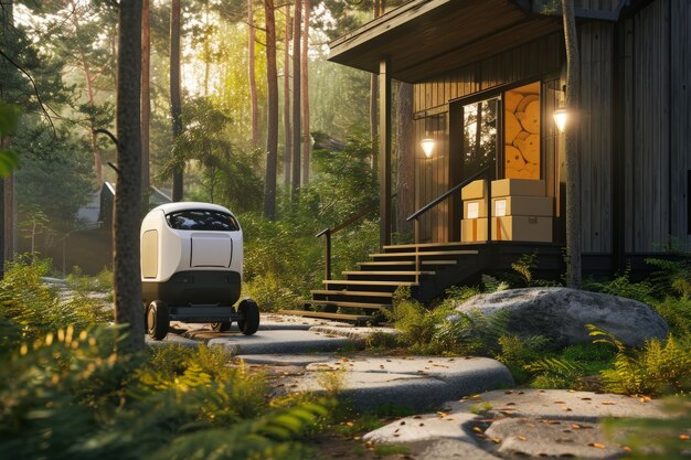 Delivery robot in een futuristische omgeving.