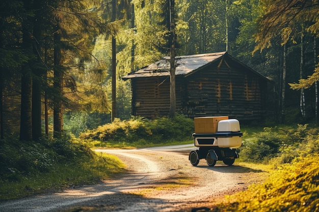 Delivery robot in een futuristische omgeving.