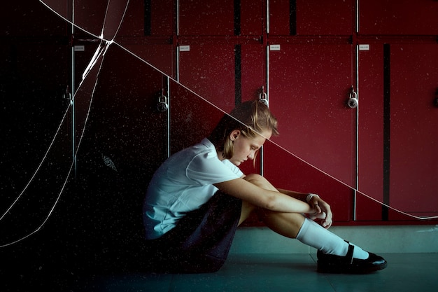 Depressief middelbare schoolmeisje zit bij kluisjes in de gang met gebarsten glaseffect