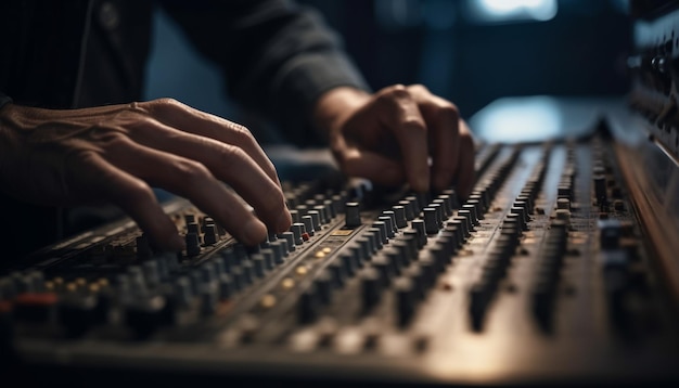 Deskundige geluidstechnicus die muziek mixt in studio gegenereerd door AI
