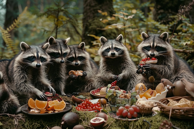 Gratis foto dieren genieten van een picknick in de open lucht