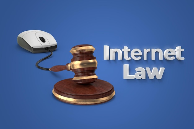 Digitaal internetrechtconcept met muis en hamerverbinding op witte geïsoleerde achtergrond