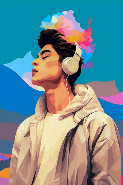 Digitaal kunstportret van een persoon die naar muziek luistert met een koptelefoon
