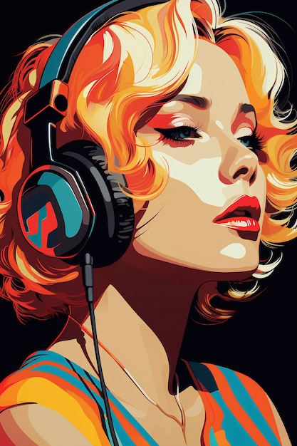 Digitaal kunstportret van een persoon die naar muziek luistert met een koptelefoon