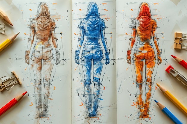 Digitale kunst stijl mode ontwerp schets op papier