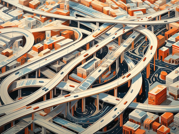 Digitale kunst van stadsarchitectuur en landschap