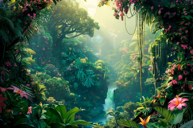 Digitale kunstillustratie van een jungle landschap