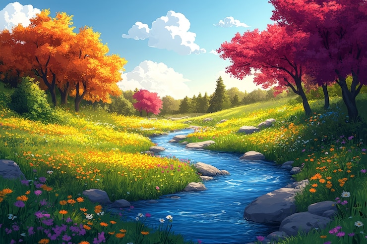 Gratis Foto digitale kunststijl rivier en natuurlandschap