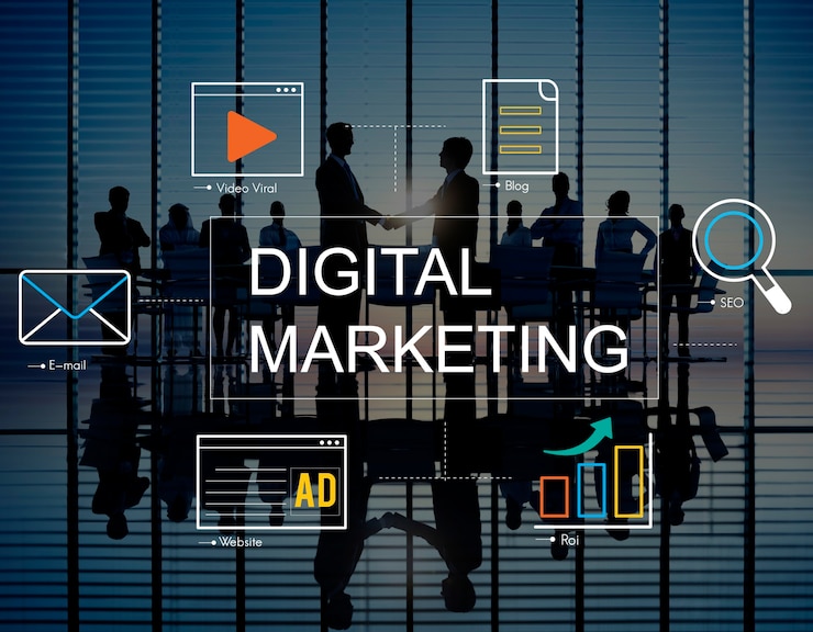 Gratis Foto digitale marketing met iconen en zakenmensen