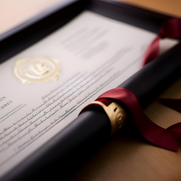 Gratis foto diploma met een rood lint en een strik op een houten tafel