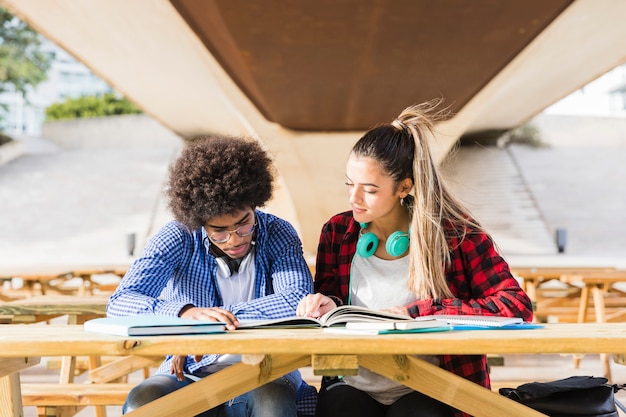 Diverse jonge paarzitting op houten bank die samen bij universitaire campus bestuderen