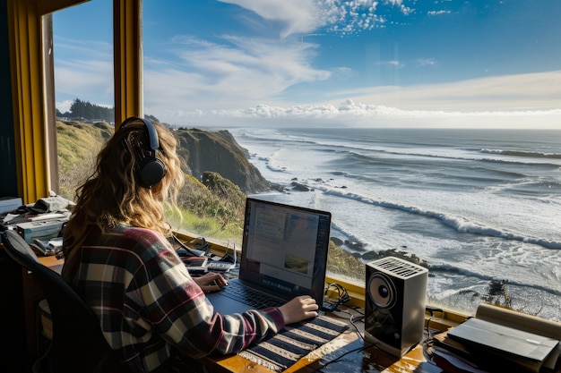 Gratis foto diverse young people being digital nomads and working remotely from dreamy locations