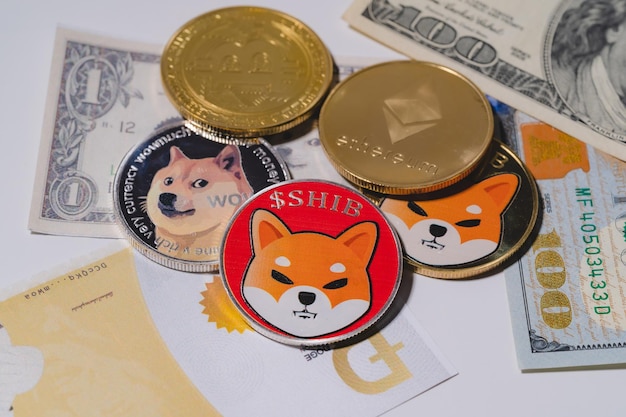 Dogecoin doge bitcoin ethereum eth shiba-munt meegeleverd met crypto-valutamunt op usd