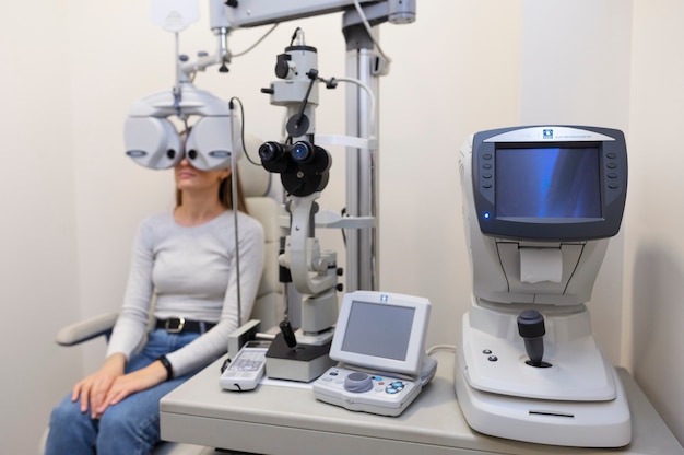 Dokter test het gezichtsvermogen van de patiënt