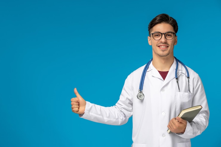 Gratis Foto doktersdag leuke jonge brunette man in lab jas met bril gelukkig met een boek