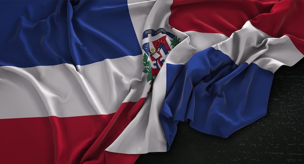 Dominicaanse Republiek Vlag Gerimpelde Op Donkere Achtergrond 3D Render
