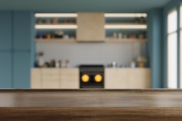 Donker houten tafelblad op onscherpte keuken kamer achtergrond Modern eigentijds keuken kamer interieur