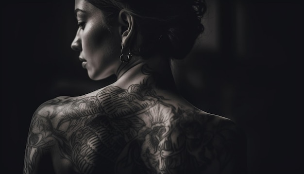 Gratis foto donkere elegantie jonge vrouw sensualiteit en tatoeage gegenereerd door ai