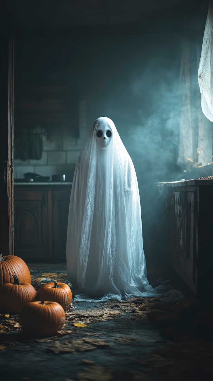 Gratis Foto donkere halloween-scene met geesten en pompoenen.