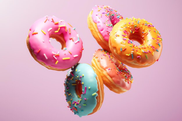 donuts in de lucht op roze achtergrond AI gegenereerde afbeelding