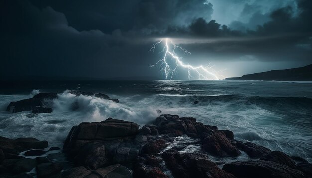 Dramatische lucht die golven beukt natte kustlijn ontzagwekkende schoonheid gegenereerd door AI