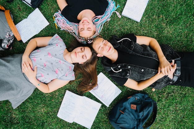 Dreamers poseren op groen gras