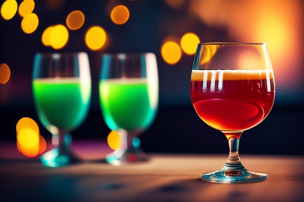 Gratis foto drie glazen bier op een bar met lampjes op de achtergrond