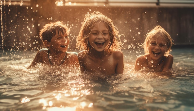 Drie kinderen in een zwembad met de zon op hun gezicht