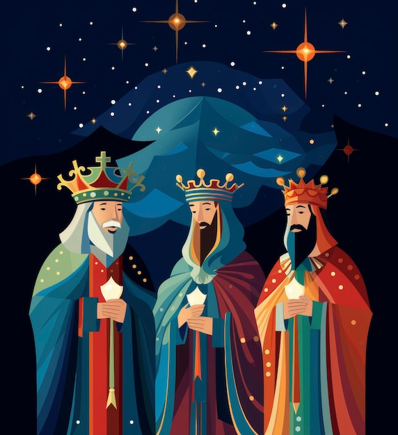 Drie koningen met kronen in de nacht