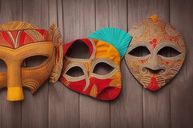 Drie maskers uit de Filipijnen staan op een houten ondergrond.