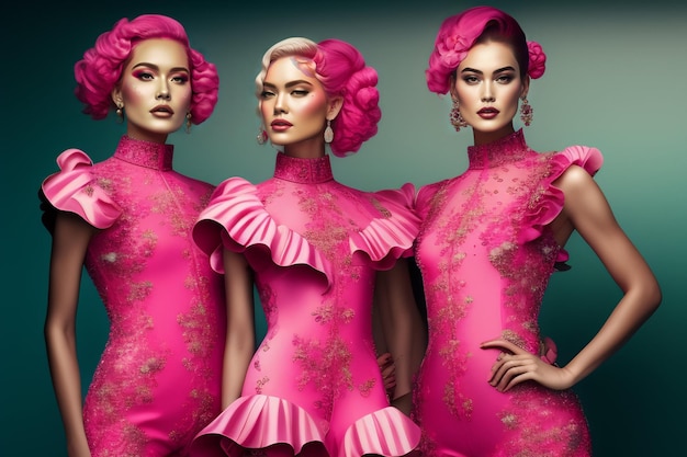 Drie modellen in roze jurkjes met het woord pink erop
