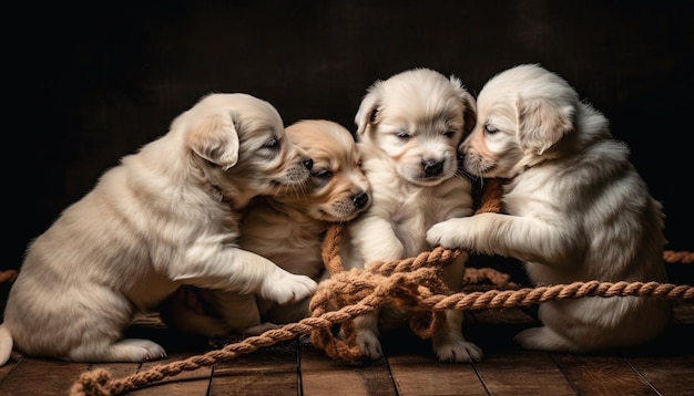 Drie pluizige raszuivere puppy's die op een rij zitten, gegenereerd door AI