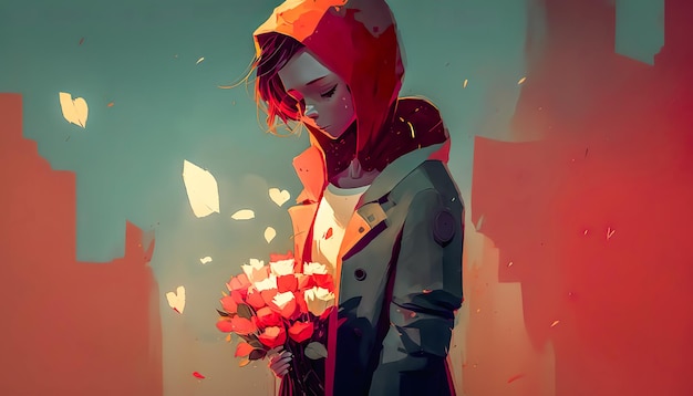 Droevig tienermeisje met een boeket bloemen generatieve AI