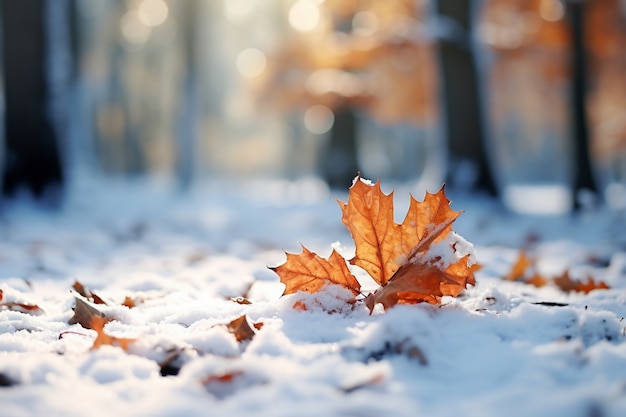 Gratis foto droge herfstbladeren met sneeuw tijdens het begin van de winter