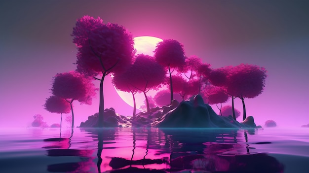 Dromerig en surrealistisch landschapsbehang in paarse tinten